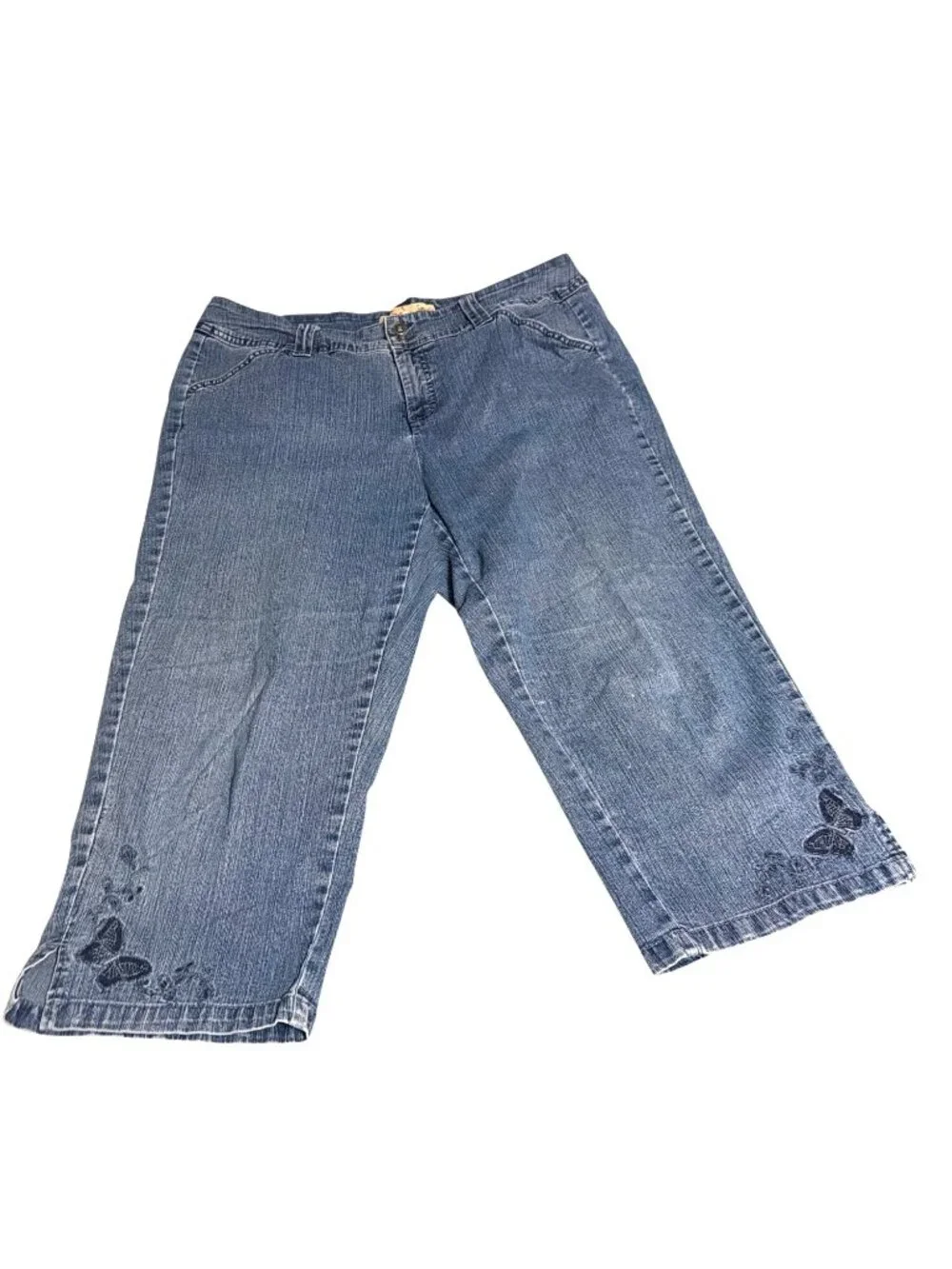 Jms Classic Capri Jeans Antique Blue 18W Floral Embroidered Hem Cotton Blend - Picture 1 of 7